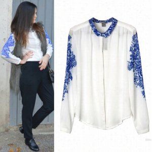 Porcelain Floral Printed Long Sleeve Chiffon Shirt